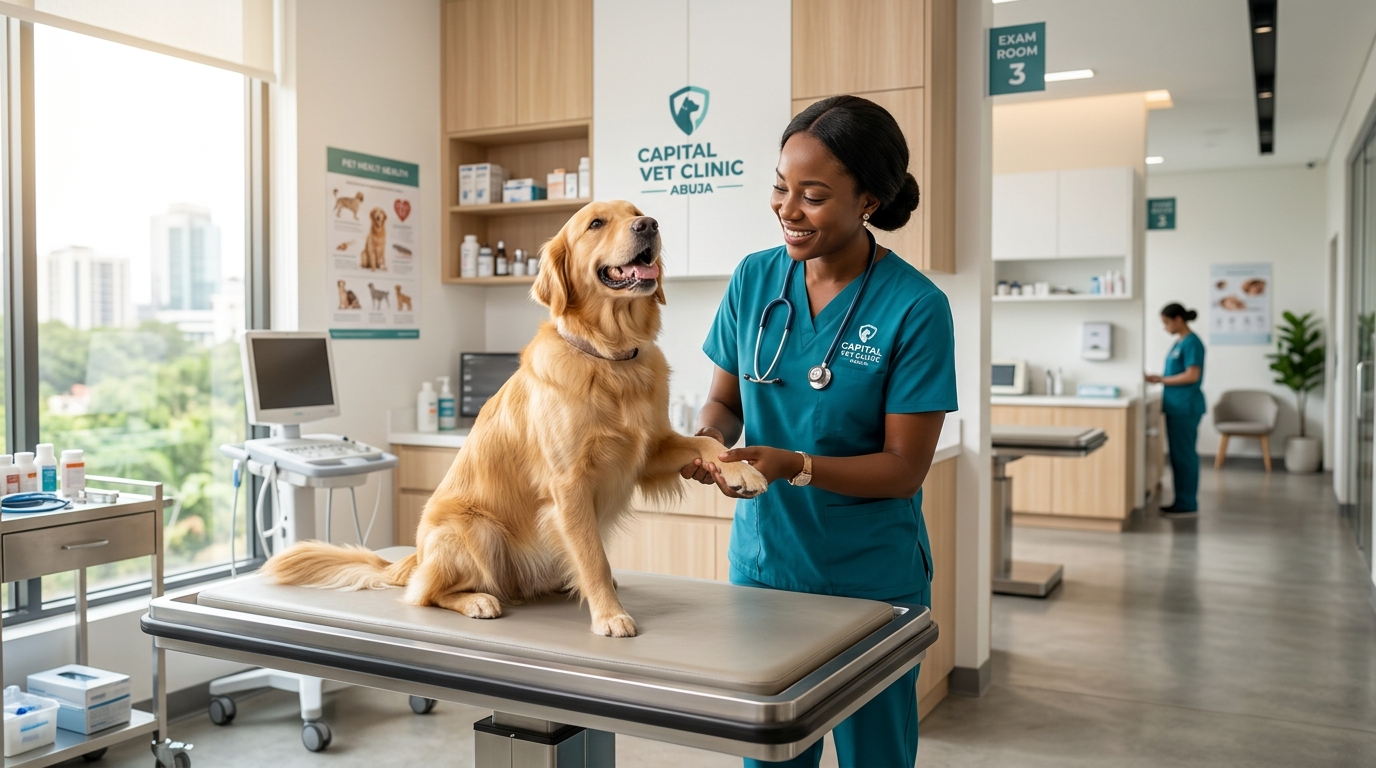 Doctor at Sterling Veterinary Services Abuja examining a dog